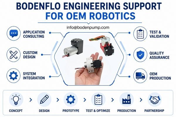The BODENFLO engineering team collaborating over a robotic prototype and pump diagram.