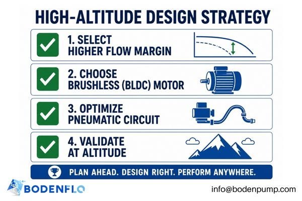 A checklist graphic with icons for Flow Margin, Brushless Motor, Optimized Tubing, and Altitude Validation.