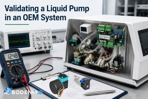 An engineer in a lab coat inspecting a liquid diaphragm pump integrated into a prototype device.