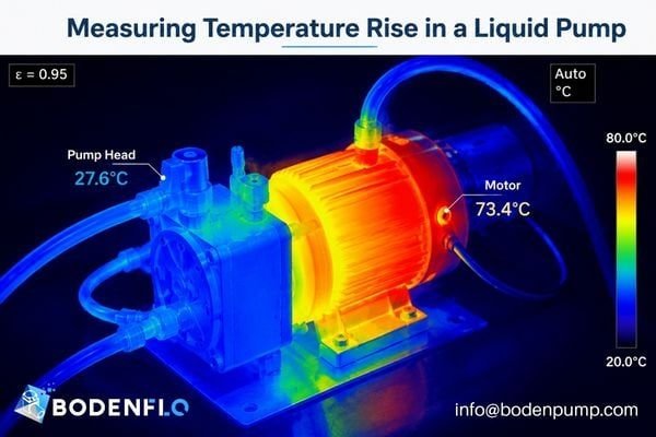 A thermal camera image showing the temperature of a running liquid pump motor.