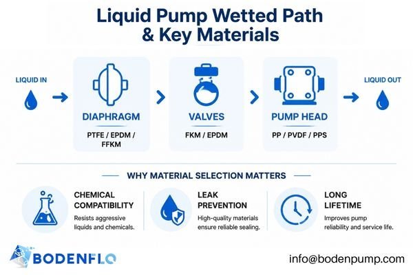 A diagram showing the wetted path components of a liquid pump: diaphragm, valves, and pump head.