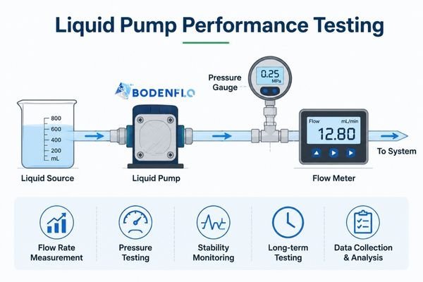 A test bench setup with flow meters and pressure gauges testing a liquid diaphragm pump.