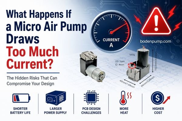 What happens if a micro air pump draws too much current, illustrating the impact on battery life, power supply, PCB design, heat generation, and system cost