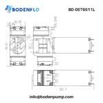 BD-05T0511L micro air pump dimension drawing with port layout, motor length, and mounting hole reference