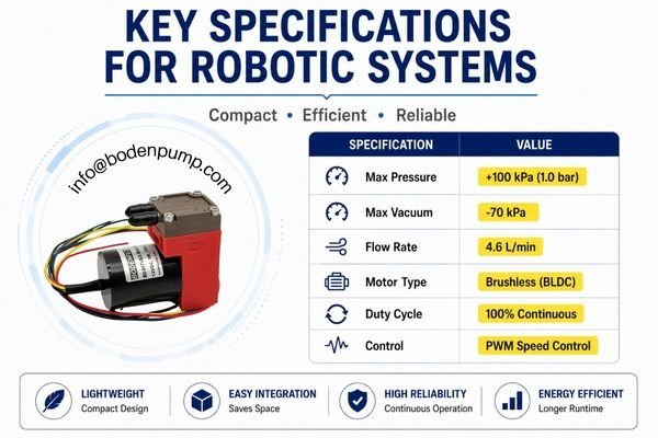 A pump datasheet with the key specifications (Pressure, Vacuum, Flow, Voltage, Motor Type) highlighted.
