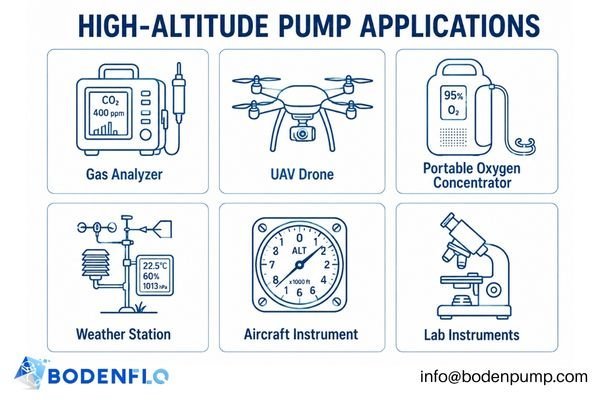 A collage of six icons representing Gas Sampling, UAVs, Medical Devices, Environmental Monitoring, Aviation, and Lab Instruments.