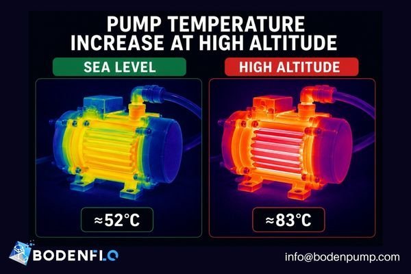 A side-by-side thermal image of a pump running at sea level (cooler) and high altitude (hotter).