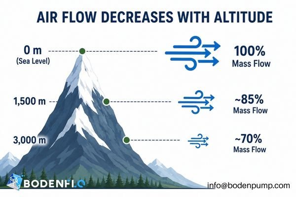 A simple graphic showing a mountain with decreasing flow rate icons at 1500m, 3000m, and 5000m.