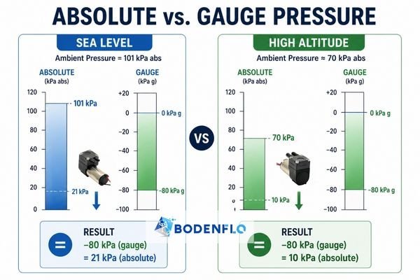 An infographic clearly differentiating between a Gauge Pressure scale (relative to ambient) and an Absolute Pressure scale (relative to perfect vacuum).