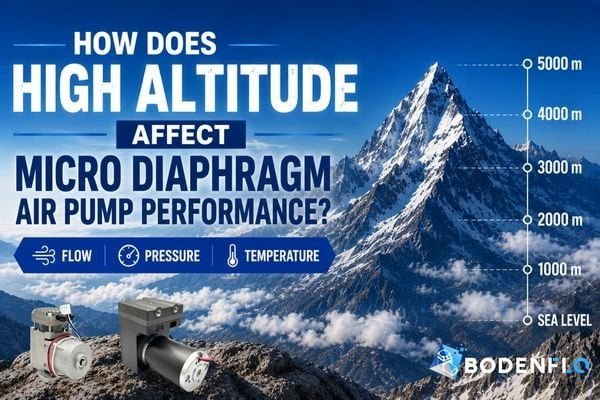 A micro diaphragm pump superimposed on a mountain landscape, showing the challenging environment.