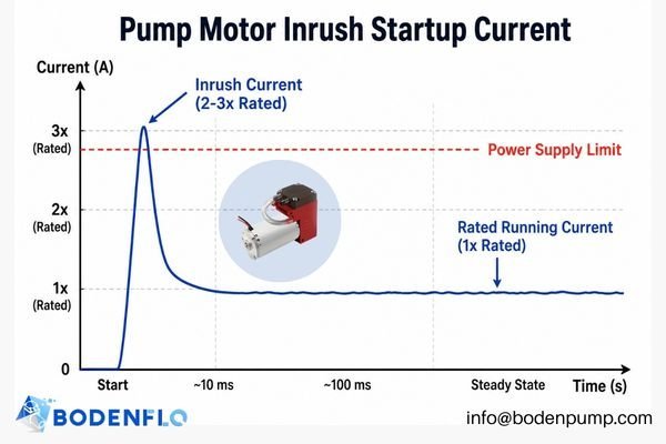 An oscilloscope graph showing a sharp spike in current (inrush) at motor startup, followed by a lower running current.