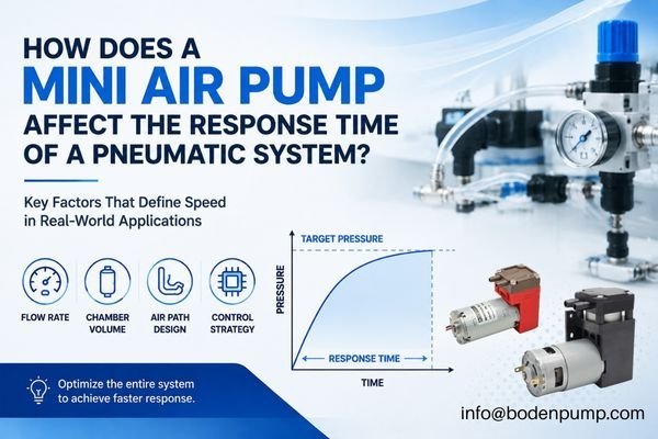 Mini air pump response time factors in a pneumatic system showing flow rate, chamber volume, air path design, and control strategy