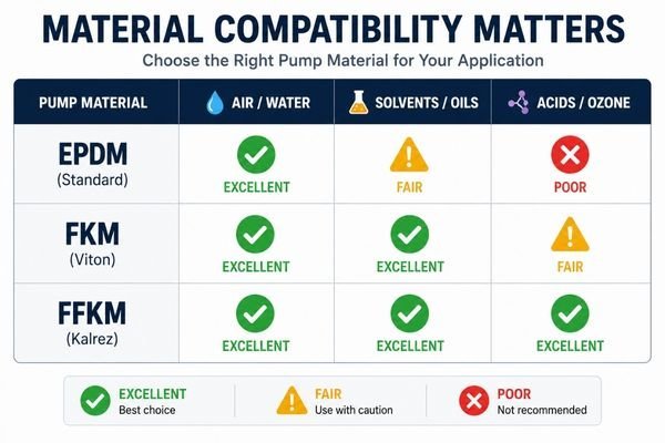 A chart showing different diaphragm materials (EPDM, FKM, FFKM) and their chemical resistance ratings.