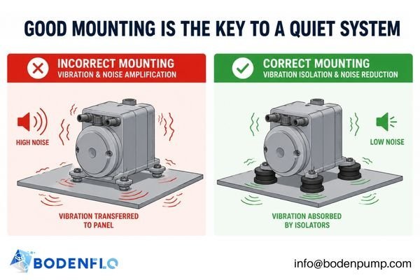 A diagram showing a pump mounted with rubber isolators to dampen vibration and prevent noise amplification.