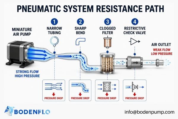 An infographic showing a complex air path with filters, narrow tubing, and sharp bends creating system resistance.