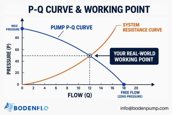 A P-Q performance curve graph showing free flow at zero pressure and the working point under system load.