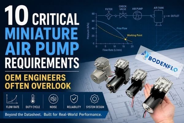 Engineering infographic illustrating 10 critical miniature air pump requirements OEM engineers often overlook during pump selection and system design.