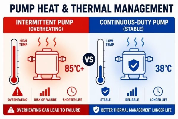 A thermal camera image showing a hot, overloaded pump versus a cooler, continuous-duty rated pump.