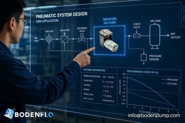 An engineer pointing at a detailed schematic of a pneumatic system with a miniature pump highlighted.