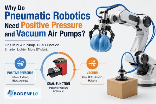 Mini positive pressure and vacuum air pump for pneumatic robotics, enabling robotic grippers, soft robotics, and compact automation systems