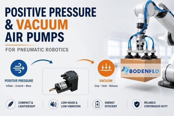 A single, compact BODENFLO dual-function air pump for pneumatic robotics.