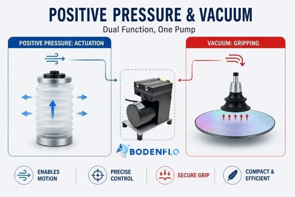 A diagram showing positive pressure inflating an actuator on one side and vacuum picking up an object on the other.