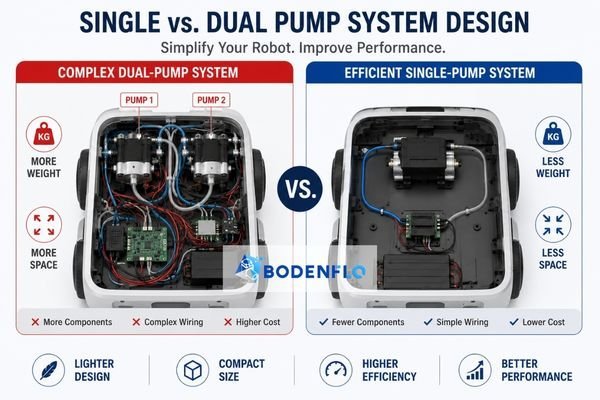 An infographic comparing a cluttered design with two pumps versus a clean, compact design with one dual-function pump.