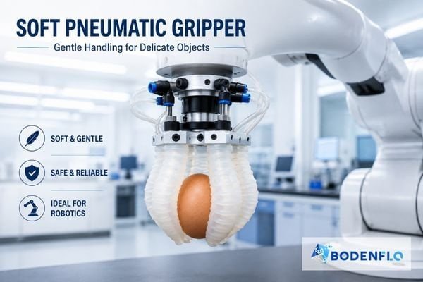 A robotic arm with a soft pneumatic gripper handling a delicate object like a fruit or an egg.