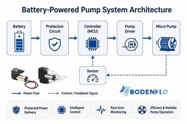 A block diagram showing the architecture of a battery-powered pump system.