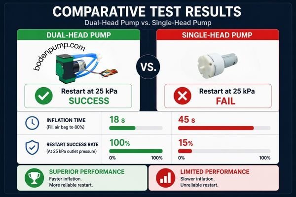 A table comparing the test results of the dual-head and single-head pumps side-by-side