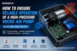 High-pressure micro air pump in an enclosed device with thermal management, airflow, pressure control, and battery protection