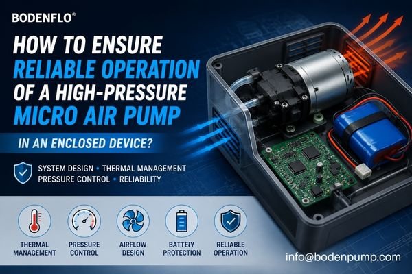 High-pressure micro air pump in an enclosed device with thermal management, airflow, pressure control, and battery protection