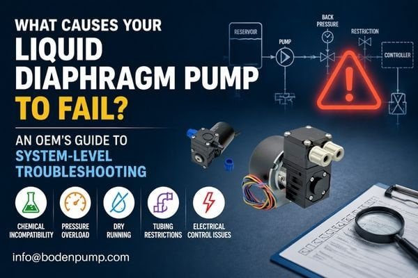 Liquid diaphragm pump failure troubleshooting infographic showing common causes including chemical incompatibility, pressure overload, dry running, tubing restrictions, and electrical issues