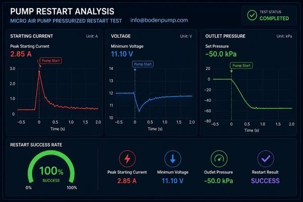 A dashboard showing graphs of current, voltage, and pressure during a pump restart test