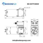 BD-05TF300W micro diaphragm liquid pump dimension drawing with port layout and mounting dimensions
