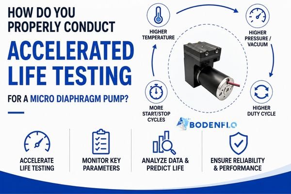 Accelerated life testing for a micro diaphragm pump using temperature, pressure, duty cycle, and start-stop cycle testing