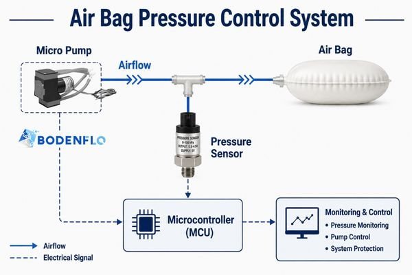 A system diagram showing an air bag, pressure sensor, controller, and micro pump