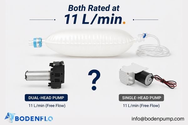 Two different micro diaphragm pumps, one single-head and one dual-head, next to an air bag system