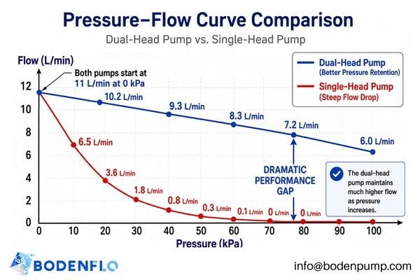 A pressure-flow curve showing two lines diverging as pressure increases