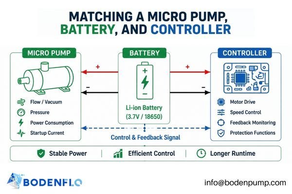 An image showing a micro pump, a battery, and a controller circuit board connected together.