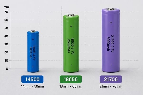 An image showing three common battery sizes side-by-side: 14500, 18650, and 21700.
