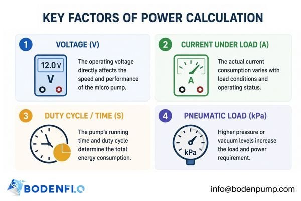 An infographic illustrating the factors of power calculation: Voltage, Current, Time, and Load.