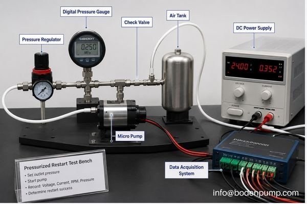 A test bench with a pressure regulator, power supply, and data acquisition system