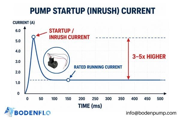 A graph showing a large current spike at startup before settling down to the rated running current.