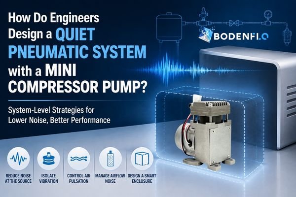 Mini compressor pump for a quiet pneumatic system with vibration isolation, airflow control, and noise reduction design