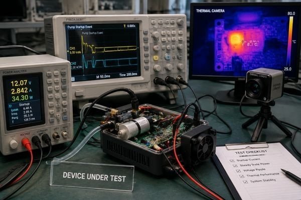 A test bench with a complete device connected to a power analyzer, oscilloscope, and thermal camera.