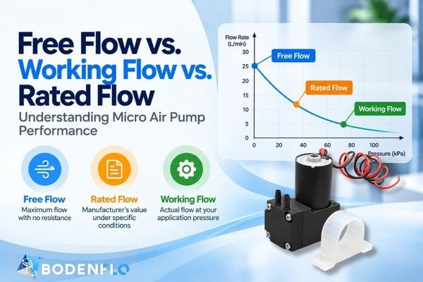 Micro air pump flow comparison showing free flow, rated flow, and working flow under different pressure conditions