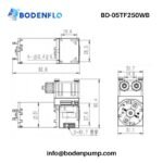 BD-05TF250W micro diaphragm liquid pump dimension drawing with 82.6 mm length, dual fluid ports, and mounting dimensions
