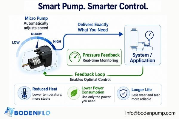 A diagram showing a pump dynamically adjusting its output based on feedback