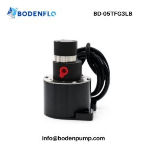 BD-05TFG3LB micro gear pump with compact motor housing, metal pump head, fluid port, and integrated power cable